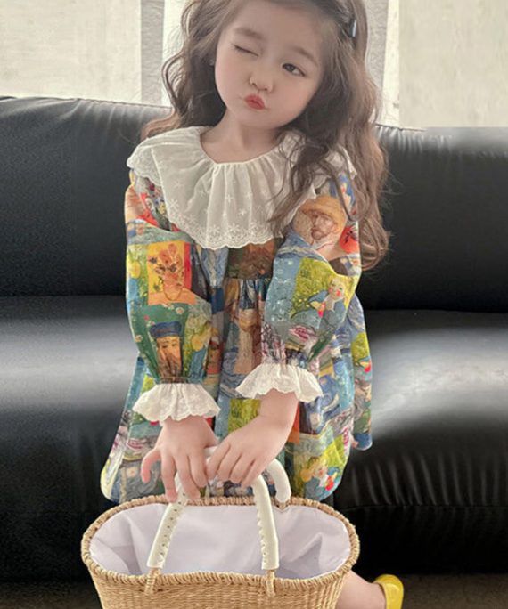 Cute Print Patchwork Kids Vacation Mid Dresses Fall