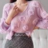 Cute Purple V Neck Floral Knit Sweater Lantern Sleeve