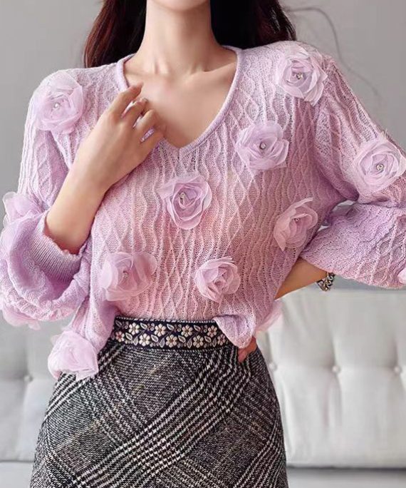 Cute Purple V Neck Floral Knit Sweater Lantern Sleeve