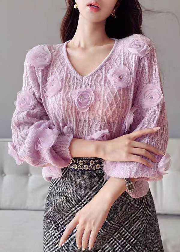 Cute Purple V Neck Floral Knit Sweater Lantern Sleeve - Image 2