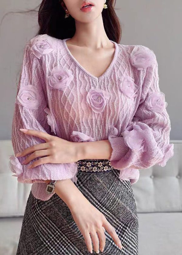 Cute Purple V Neck Floral Knit Sweater Lantern Sleeve - Image 5