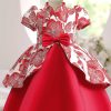 Cute Red Asymmetrical Print Bow Kids Maxi Dress Short Sleeve