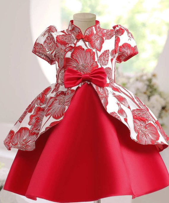 Cute Red Asymmetrical Print Bow Kids Maxi Dress Short Sleeve
