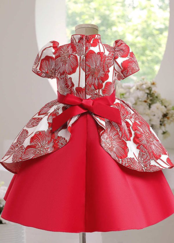 Cute Red Asymmetrical Print Bow Kids Maxi Dress Short Sleeve - Image 3