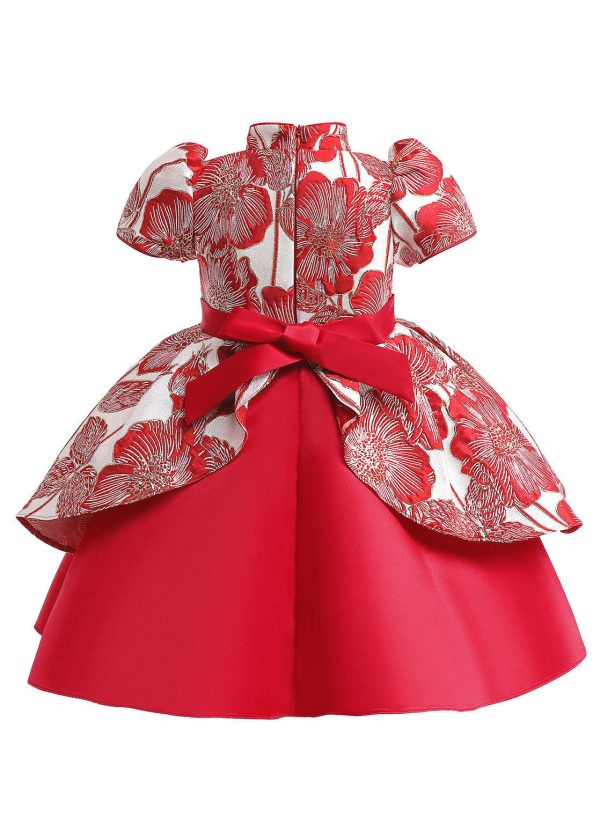 Cute Red Asymmetrical Print Bow Kids Maxi Dress Short Sleeve - Image 5