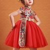 Cute Red Asymmetrical Print Tulle Patchwork Kids Mid Dresses Short Sleeve