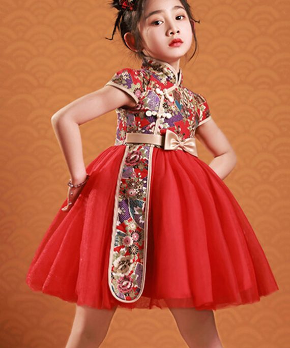 Cute Red Asymmetrical Print Tulle Patchwork Kids Mid Dresses Short Sleeve