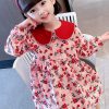 Cute Red Peter Pan Collar Print Cotton Girls Dresses Long Sleeve