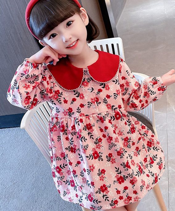 Cute Red Peter Pan Collar Print Cotton Girls Dresses Long Sleeve