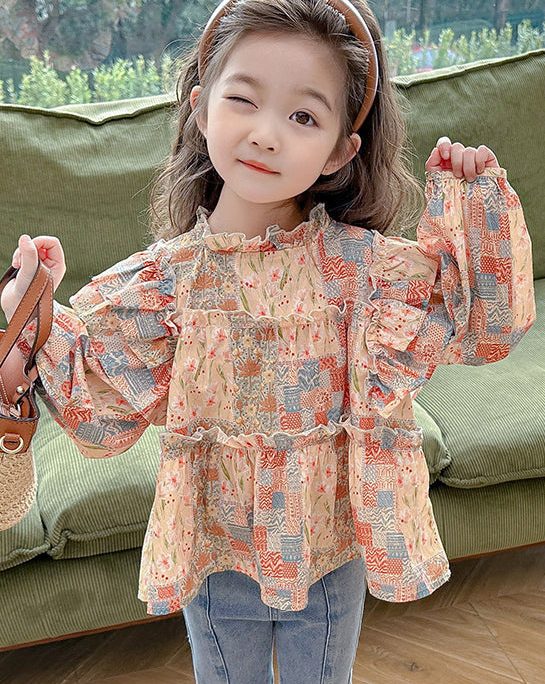 Cute Ruffled Print Cotton Girls Shirt Long Sleeve