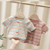 Cute White O-Neck Striped Knit Cotton Girls Top Summer