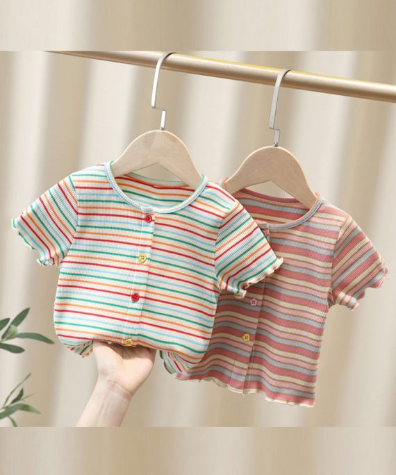 Cute White O-Neck Striped Knit Cotton Girls Top Summer
