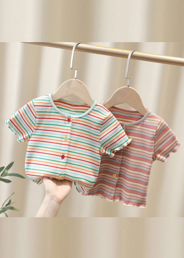 Cute White O-Neck Striped Knit Cotton Girls Top Summer
