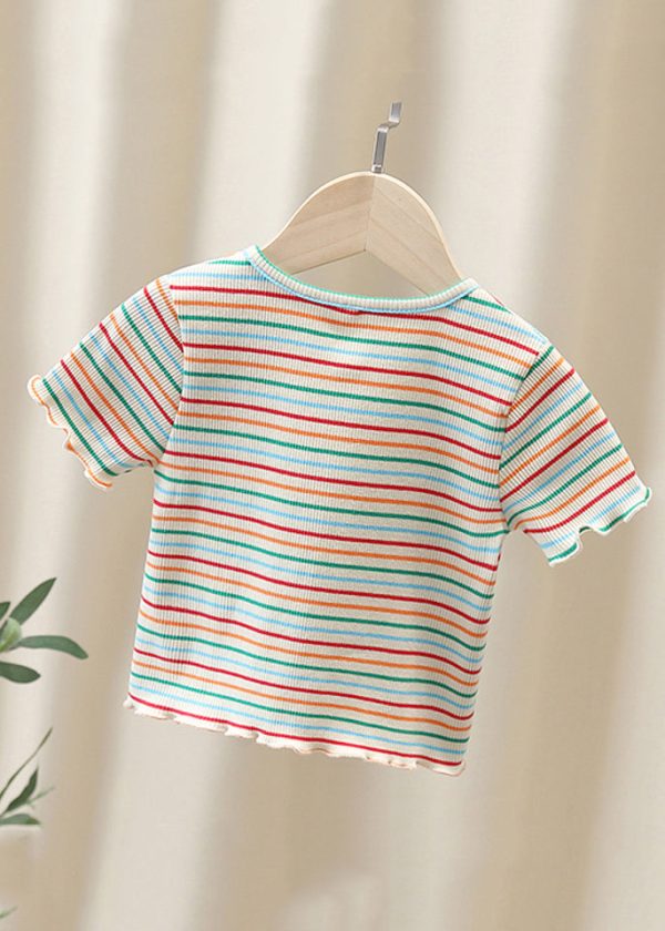 Cute White O-Neck Striped Knit Cotton Girls Top Summer - Image 4