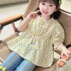 Cute Yellow O-Neck Print Cotton Girls Top Half Sleeve