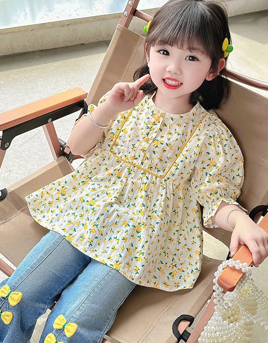 Cute Yellow O-Neck Print Cotton Girls Top Half Sleeve