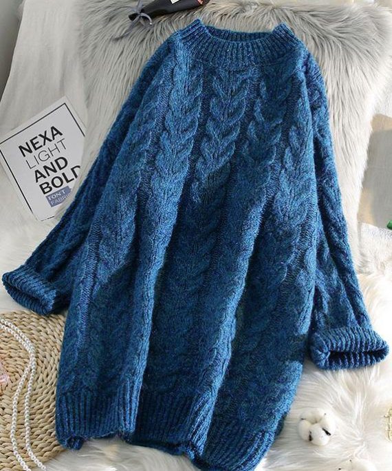 Cute blue Sweater outfits Street Style thick o neck baggy knit dresses