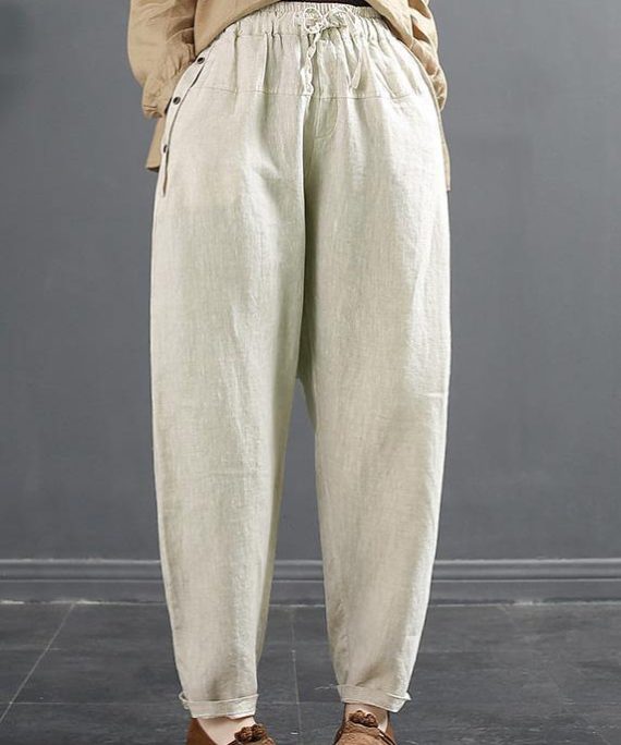 DIY Beige Trousers Spring Elastic Waist Shorts