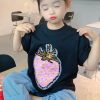DIY Black O-Neck Strawberry Print Girls T Shirt Short Sleeve