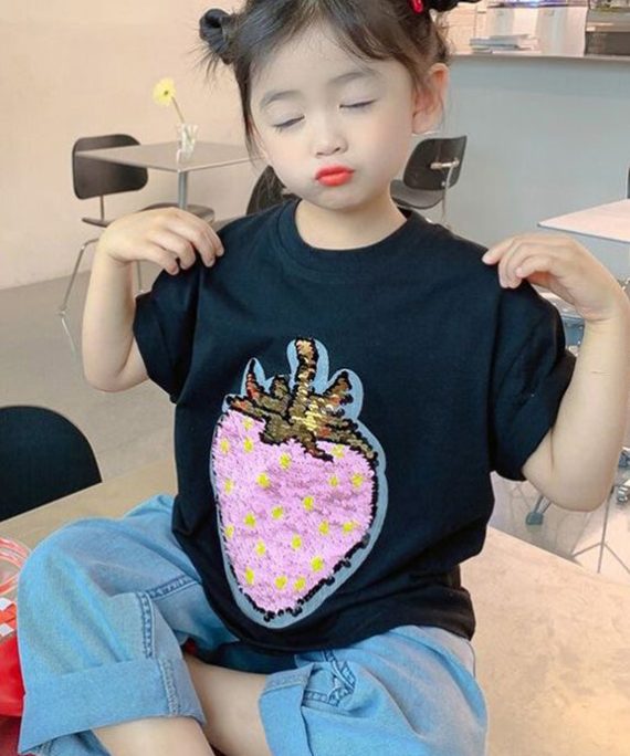 DIY Black O-Neck Strawberry Print Girls T Shirt Short Sleeve