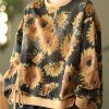 DIY Black O-Neck wrinkled drawstring Floral Print Pullover Sweatshirt Spring