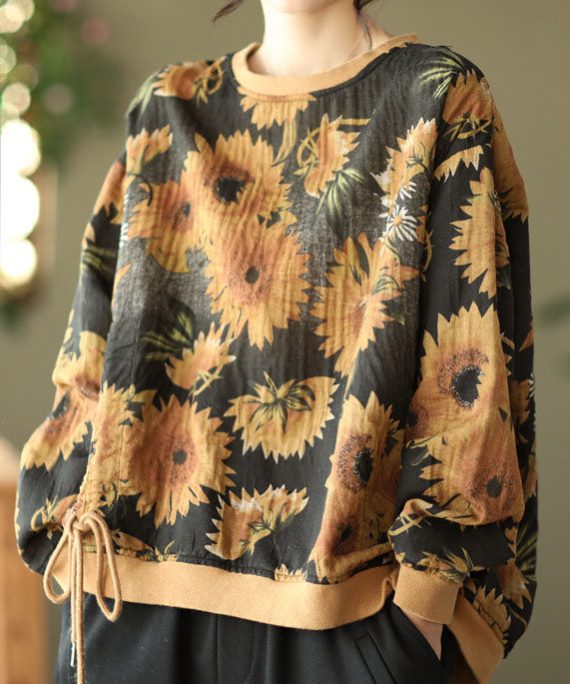 DIY Black O-Neck wrinkled drawstring Floral Print Pullover Sweatshirt Spring