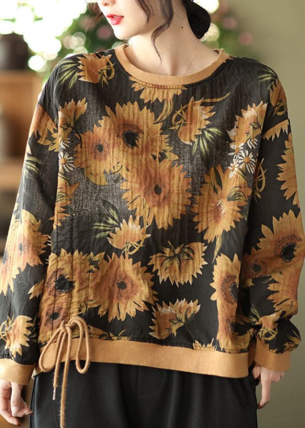 DIY Black O-Neck wrinkled drawstring Floral Print Pullover Sweatshirt Spring - Image 3
