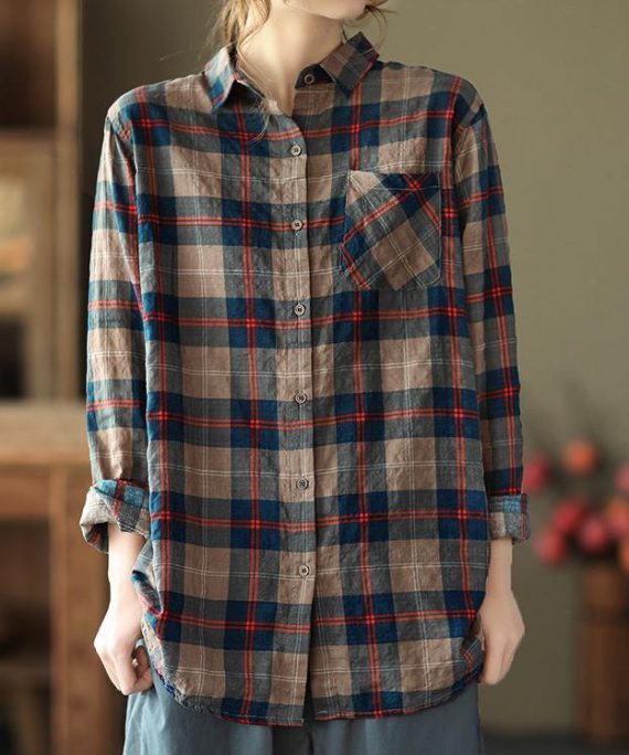 DIY Blue Plaid Blouses For Women Lapel Pockets Art Spring Tops