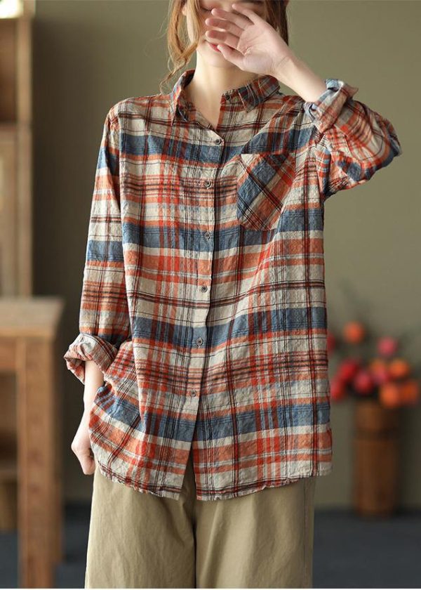 DIY Blue Plaid Blouses For Women Lapel Pockets Art Spring Tops - Image 2