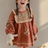 DIY Brick Red Embroideried Hollow Out Kids Mid Dress Fall