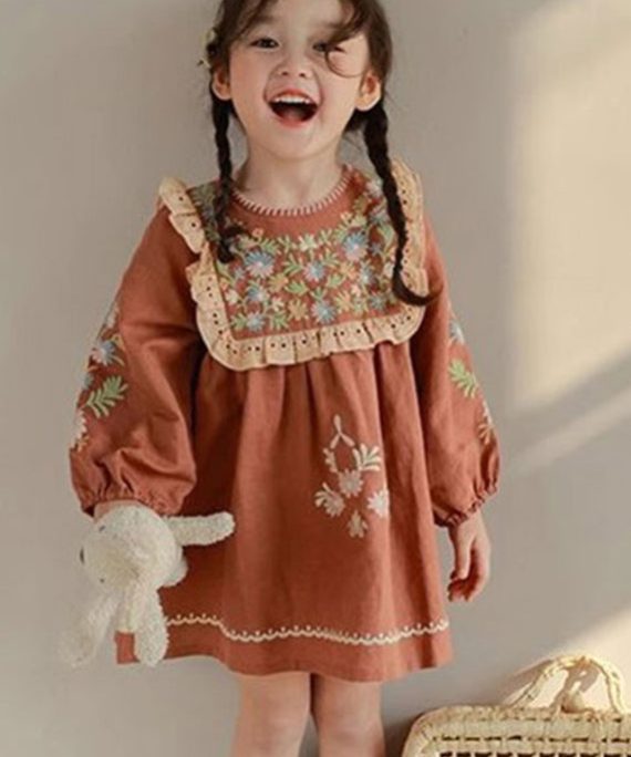 DIY Brick Red Embroideried Hollow Out Kids Mid Dress Fall