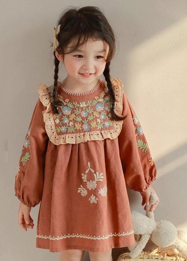 DIY Brick Red Embroideried Hollow Out Kids Mid Dress Fall - Image 2