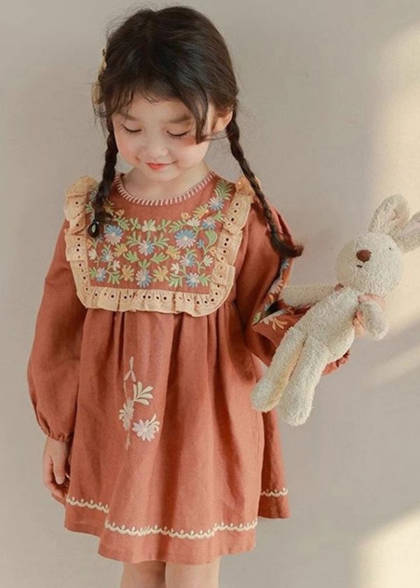 DIY Brick Red Embroideried Hollow Out Kids Mid Dress Fall - Image 4