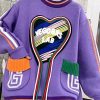 DIY Purple O Neck Pockets Patchwork Knit Sweaters Spring