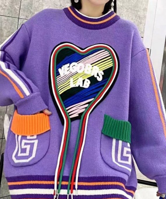 DIY Purple O Neck Pockets Patchwork Knit Sweaters Spring