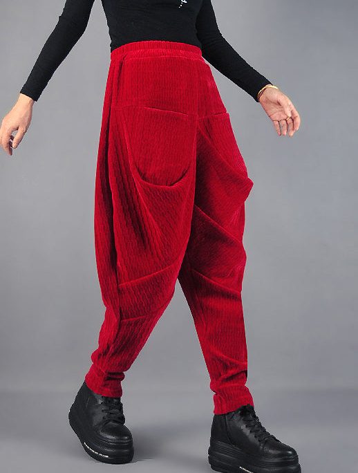 DIY Red Wrinkled Pockets Velvet Harem Pants Spring