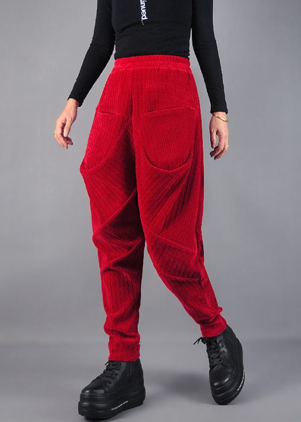 DIY Red Wrinkled Pockets Velvet Harem Pants Spring - Image 2