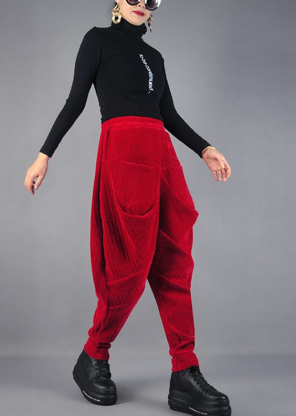 DIY Red Wrinkled Pockets Velvet Harem Pants Spring - Image 3