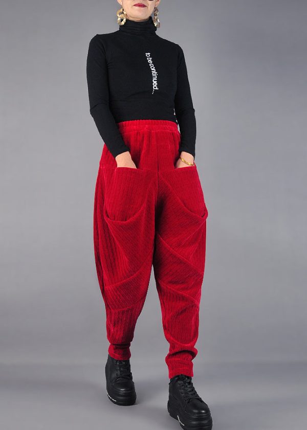 DIY Red Wrinkled Pockets Velvet Harem Pants Spring - Image 4