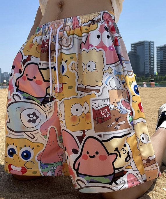 DIY Yellow Character Elastic Waist Ice Silk Men Shorts Summer