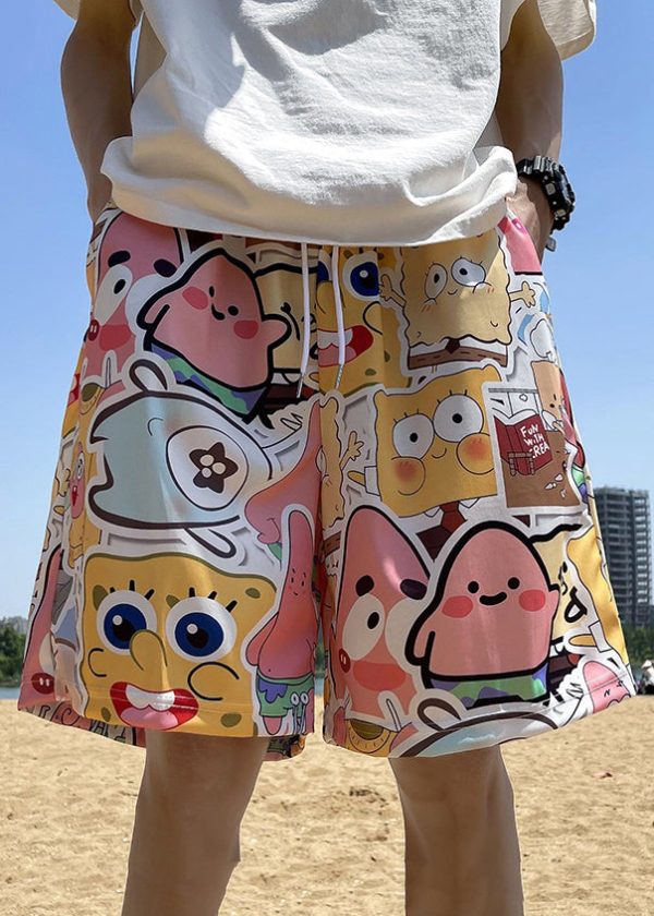 DIY Yellow Character Elastic Waist Ice Silk Men Shorts Summer - Image 2