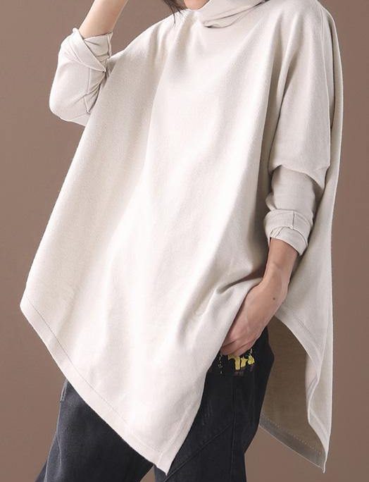 DIY asymmetric hem cotton high neck blouses for women Fabrics beige white tops