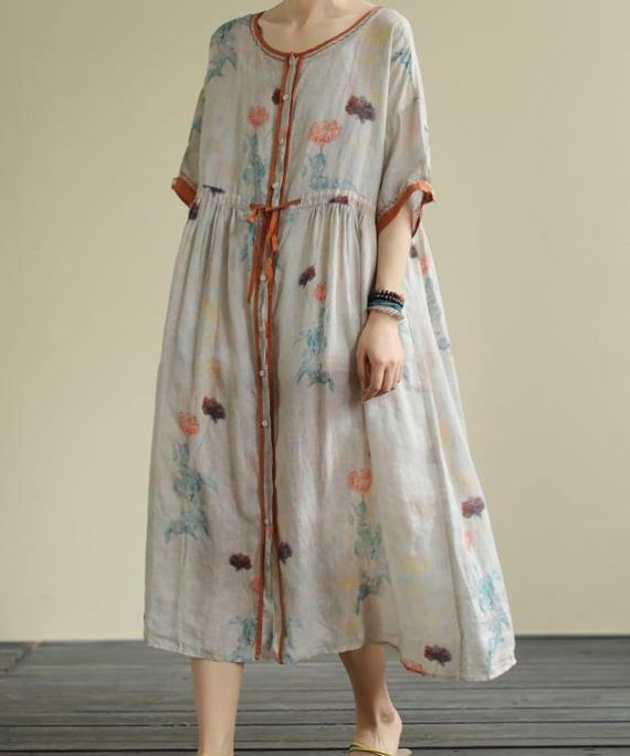 Diy Floral Chiffon Long Shirts O Neck Drawstring Robe Summer Dresses