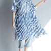 DIY lapel pockets Cotton Tunic Fitted Sleeve blue striped A Line Dresses summer
