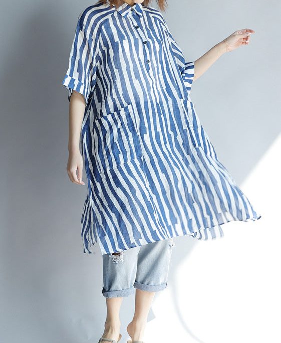 DIY lapel pockets Cotton Tunic Fitted Sleeve blue striped A Line Dresses summer