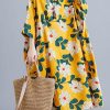 DIY o neck pockets linen cotton dress Tunic Tops yellow print Dresses