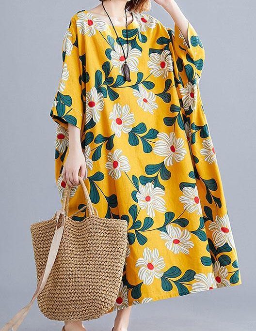DIY o neck pockets linen cotton dress Tunic Tops yellow print Dresses
