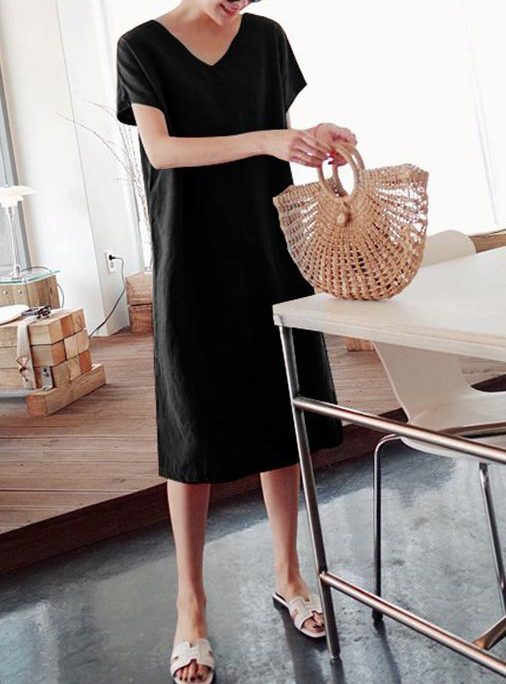 DIY o neck side open Cotton summer Tunics linen black Dress