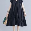 DIY v neck Cinched Cotton clothes Shape black Dresses
