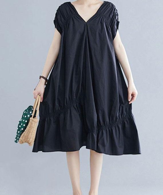 DIY v neck Cinched Cotton clothes Shape black Dresses
